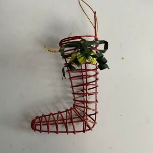 2 Red Wire Christmas Stocking Ornaments Rustic Holiday Tree Decor with Bows